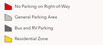 Red: No Parking on Right-of-Way, Checkered: General Parking Area, Grey: Bus and RV Parking, Yellow: Residential Zone