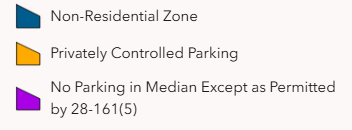 Blue: Non-Residntial Zone, Orange: Privately Controlled Parking, Purple: No Parking in Median Except as Permitted