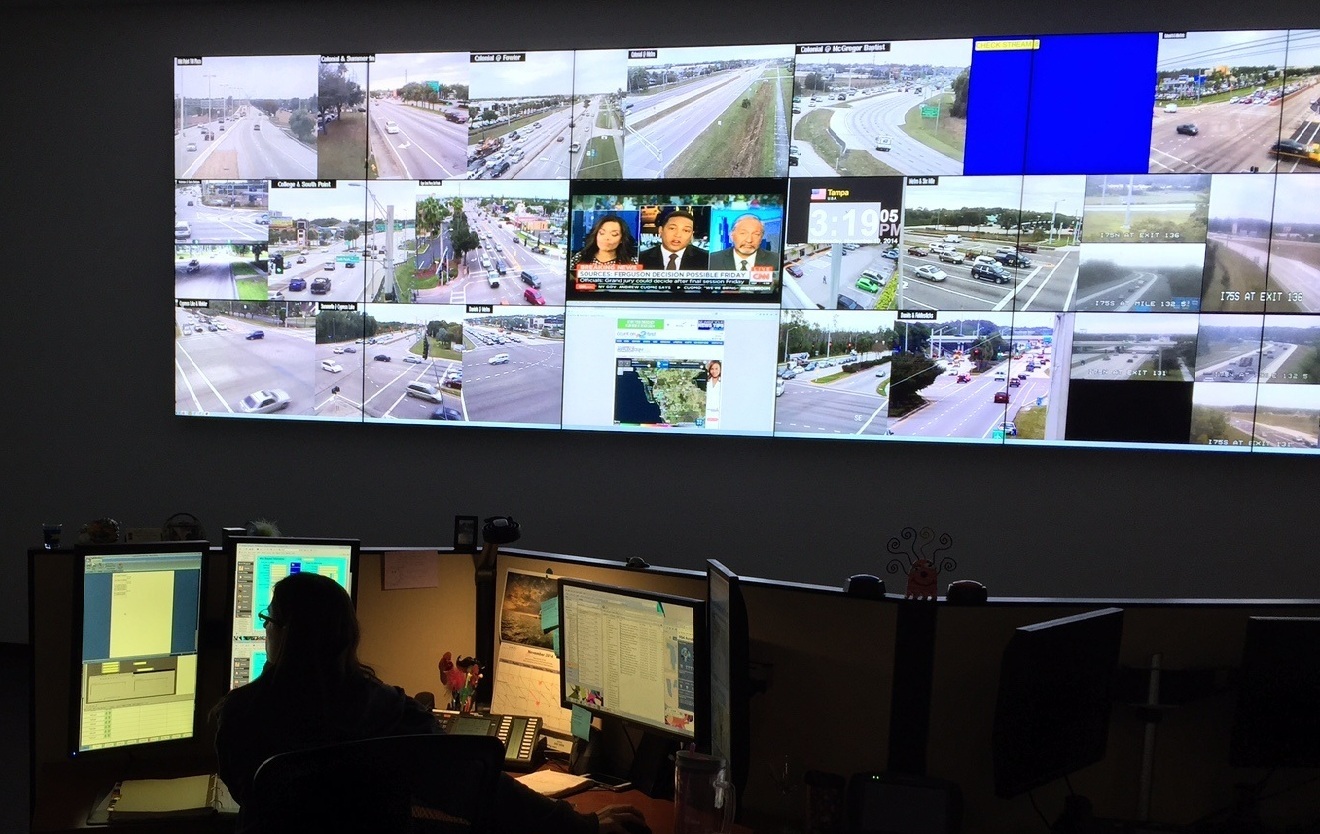 Photo of Traffic Being Monitored Inside the Traffic Operations Center Control Room