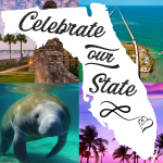 Map of Florida with images of a manatee, beaches and palm trees.