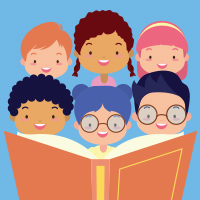 six cartoon children reading a book