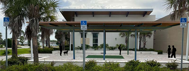 A single floor library with three gabeles.