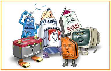Image of some common household chemicals with cartoon faces.