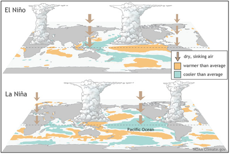 ElNino-LaNina Image showing dry sinking air and warmer/cooler waters