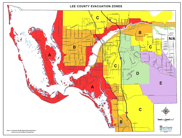 Image of Lee County's Evacuation Zones Map