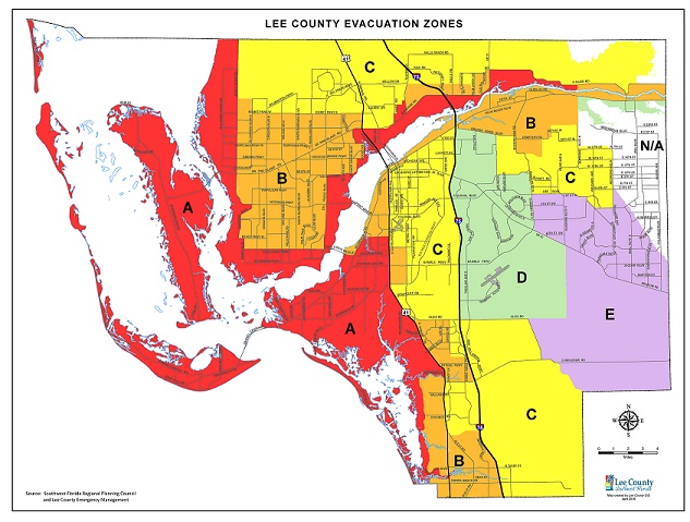 Image of Lee County's Evacuation Zones Map