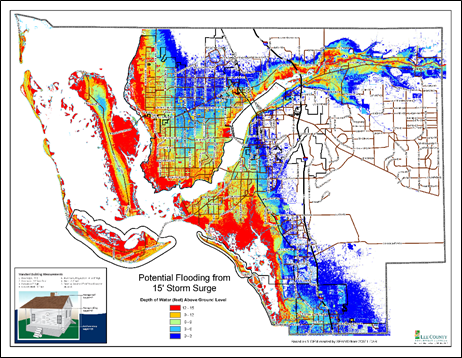 Image of map showing potential flooding from 15 feet of storm surge.